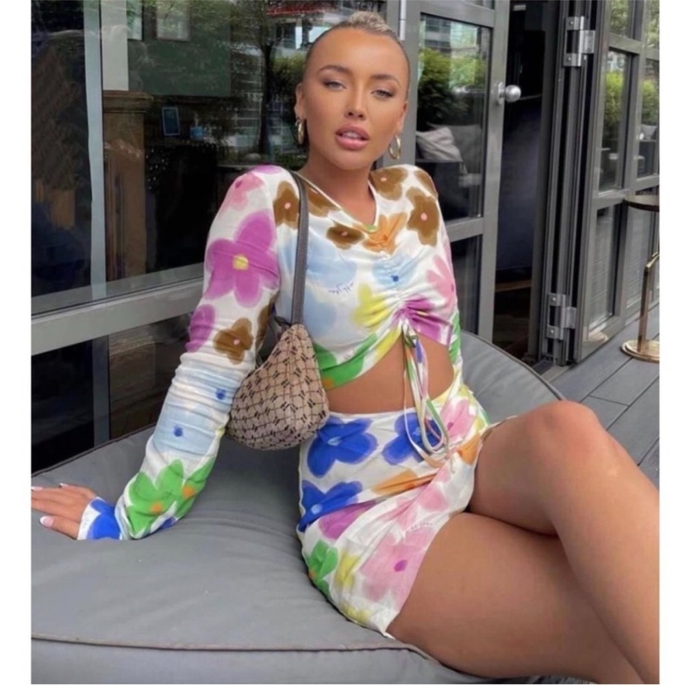 WITH JEAN Hermana Dress Abstract Floral Multicolor Cutout Mini Viola Tricolor XS